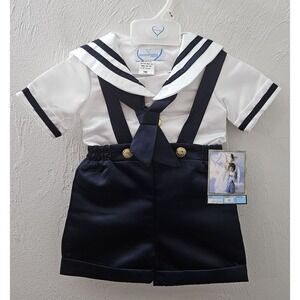 Vintage NEW Baby Boy Boutique Navy Sailor Suit Romper Outfit Set Size 9 Months